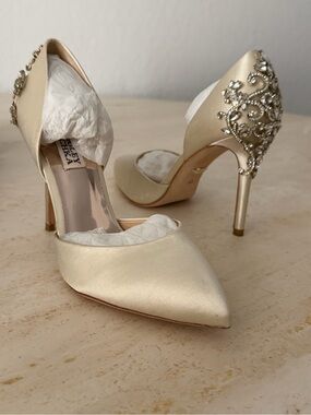 Badgley Mischka Champagne Satin Crystal-Embellished D'Orsay Pumps